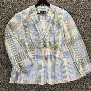Talbots Plus Linen Cotton Blazer 18W Pastel Madras Plaid Preppy Spring Jacket